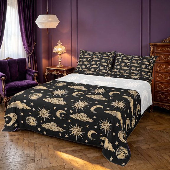 Homewish Bohemian Moon and Sun Bed Sheets, Glitter Stars Full Size Sheets, 4 Pieces, 1 Flat Sheet, 1 Fitted Sheet and 2 Pillowcases