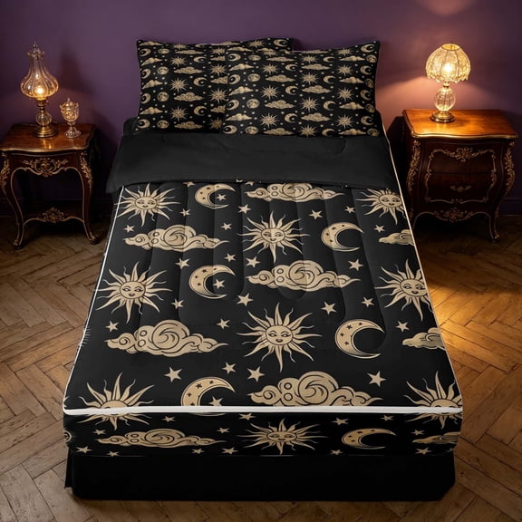 Homewish Bohemian Moon and Sun Zipper Twin Comforter Sets with Fitted Sheet and 2 Pillowcases, Glitter Stars Zipper Bedding Set, Black Reversible