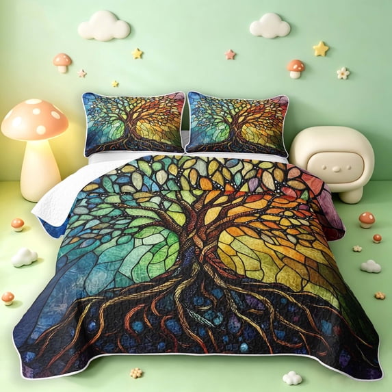 Homewish Bohemian Nature Tree Bed Spread Queen,Colorful Boho Glass Queen Coverlet Set,Navy Yellow,Black Reversible,3-Piece