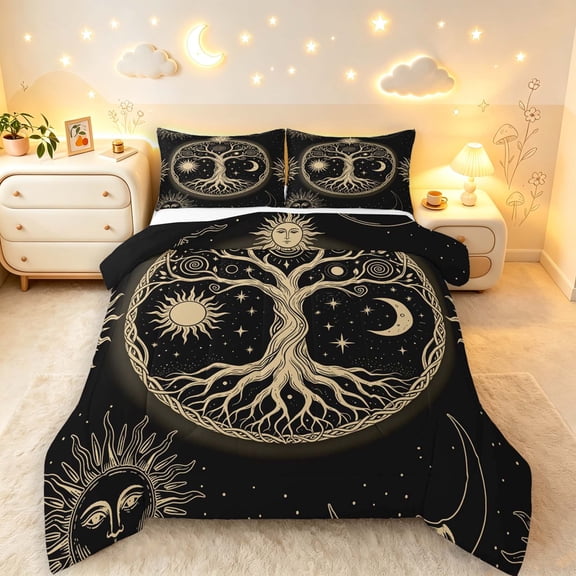 Homewish Bohemian Nature Tree Queen Comforter Set,Vintage Sun Moon Comforter Sets Queen,Black Gold,Black Reversible,3-Piece,1 Comforter and 2 Pillowcases