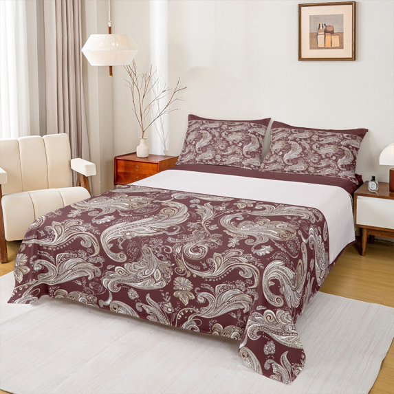 Homewish Bohemian Paisley 4 Pieces Queen Sheet Sets for Female Men Adults,Traditional Floral Flower Ultra Soft Flat Sheet,Boho Hippie Queen Fitted Sheet,Microfiber Bedroom Decor