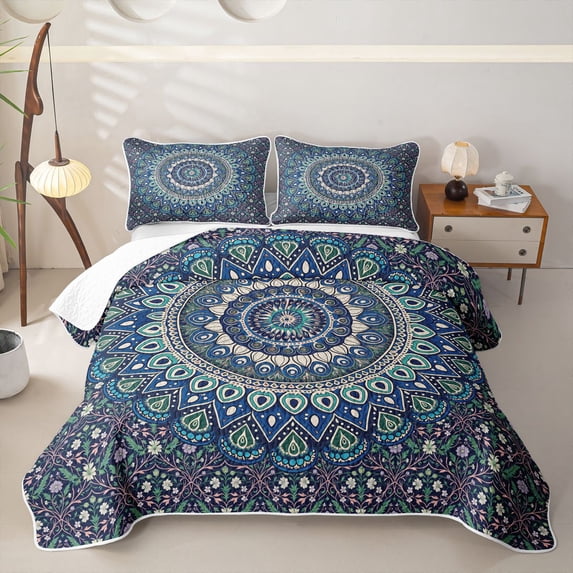 Homewish Bohemian Peacock Mandala Twin Quilt Set,Vintage Flowers Twin Coverlet Set,Blue,2pcs