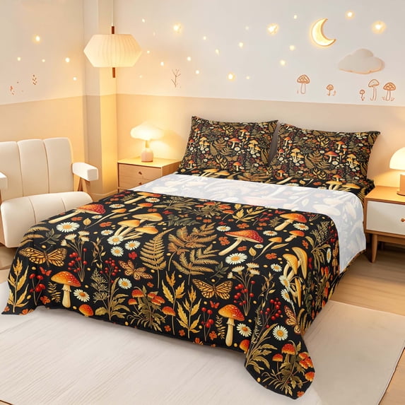 Homewish Bohemian Plant Mushrooms Queen Sheets,Vintage Botanical Fungi Queen Sheet Sets,Black,4-Piece,1 Flat Sheet, 1 Fitted Sheet and 2 Pillowcases