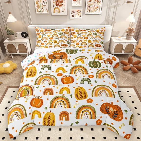 Homewish Bohemian Rainbow Queen Comforter Set,Autumn Fall Pumpkin Bedding Sets,Orange Stars Pirnt Bedding Comforter Set For Girls,Luxury Bedroom Decor Reversible,3pcs