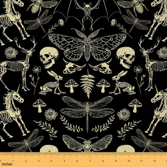 Homewish Bohemian Skeleton Fabric by the Yard 1 Yard, Reindeer Horse Skull Room Decor Fabric by the Yard, Hippie Butterfly Dragonfly Sewing Fabric, Luxury Bedroom Decor