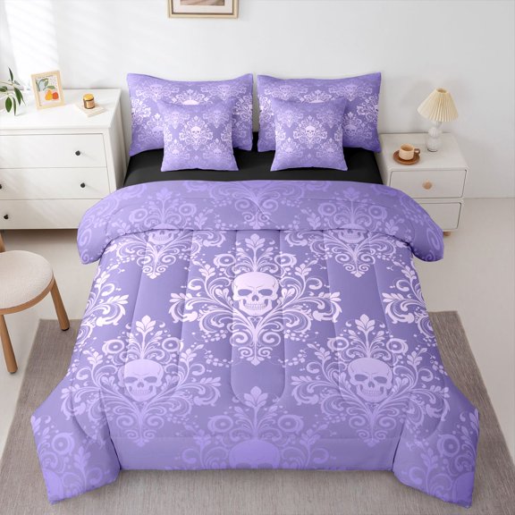Homewish Bohemian Skull 7-Piece Twin Bedding,Victorian Damask Bedding Comforter Set,Halloween Bed Set,Black Reversible