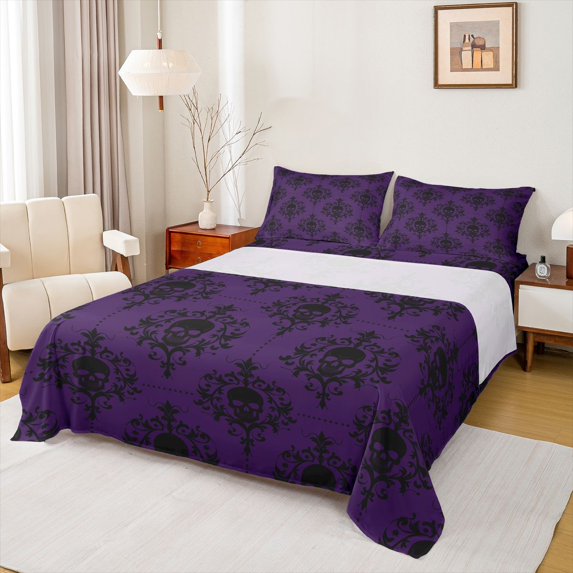 Homewish Bohemian Skull Damask Bed Sheets,Halloween Full Size Sheets,Purple Black,4 Pieces,1 Flat Sheet, 1 Fitted Sheet and 2 Pillowcases
