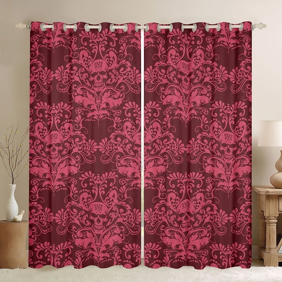 Homewish Bohemian Skull Damask Blackout Curtains,Happy Halloween Curtains Pack of 2 (42x84 Each),Pink