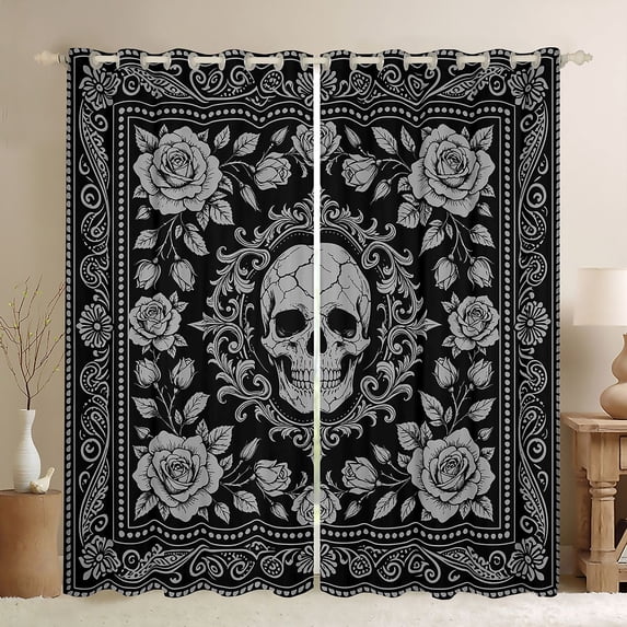 Homewish Bohemian Skull Damask Kitchen Curtains,Halloween Black Out Curtains Pack of 2 (42x63 Each),Black Gray