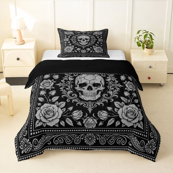 Homewish Bohemian Skull Damask Twin Comforter Sets,Halloween Bedding Set,Black Gray,Black Reversible,2pcs,1 Comforter and 1 Pillowcase