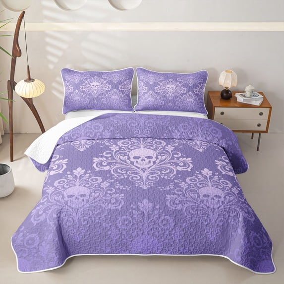 Homewish Bohemian Skull Quilt King,Victorian Damask King Coverlet Set,Halloween Duvet,3pcs