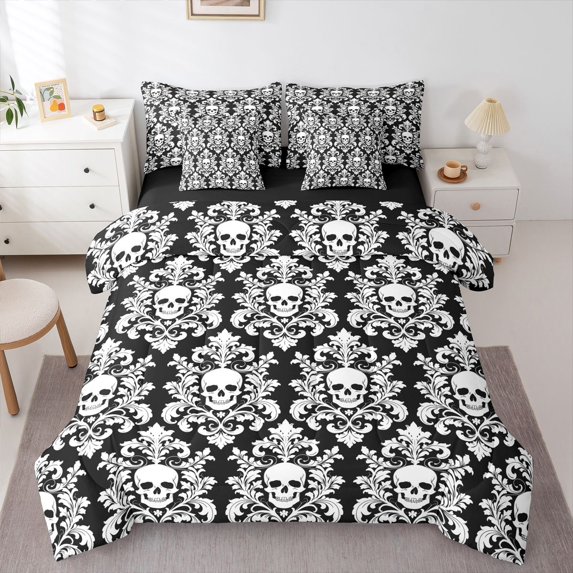 Homewish Bohemian Skull Skeleton 7-Piece Twin Bedding,Black White Damask Bedding Comforter Set,Halloween Bed Set,Black Reversible