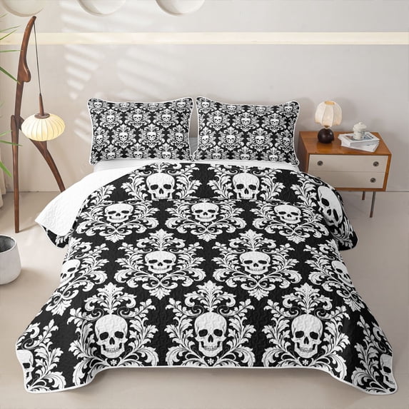 Homewish Bohemian Skull Skeleton Twin Quilt Set,Black White Damask Twin Coverlet Set,Halloween Duvet,2pcs