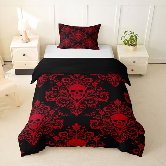 Homewish Bohemian Skull Twin Duvet Cover,Black Red Damask Twin Bedding,Halloween Comforter Cover,Black Reversible,2pcs,1 Duvet Cover and 1 Pillowcase