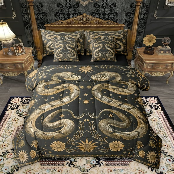 Homewish Bohemian Snake Animal Bedding Comforter Set 7pcs, Hippie Rustic Flower Plant Queen Bedding Sets, Vintage Southwestern Reversible Queen Sheet Sets, Microfiber Bedroom Decor