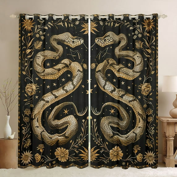 Homewish Bohemian Snake Animal Black Out Curtains, Hippie Rustic Flower Plant Curtains Pack of 2 (42x63 Each), Vintage Southwestern Bedroom Curtains, Window Curtains Bedroom Decor