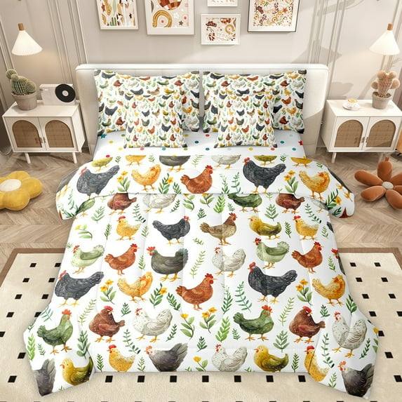 Homewish Bohemian Style Chicken 7 Pieces Bedding Comforter Set,Rustic Leaves Full Bedding Set,Colorful Farm Animal Fitted Sheet Flat Sheet For Girl Kid,Breathable Home Decor Reversible
