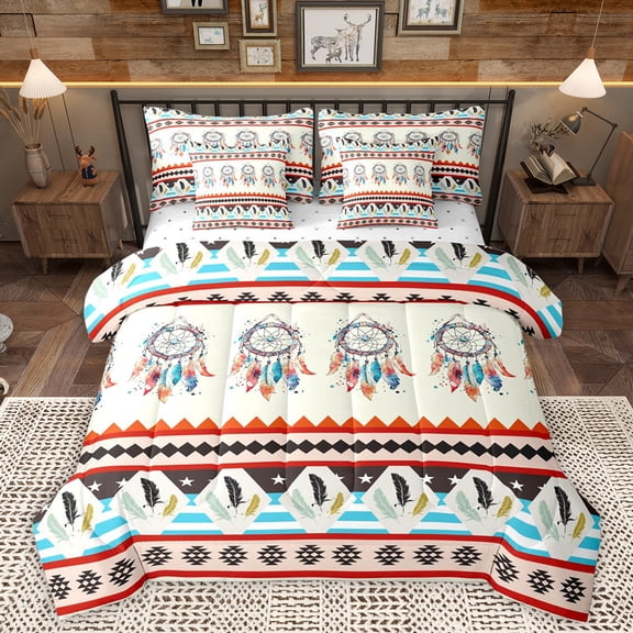 Homewish Bohemian Style Dreamcatcher 7pcs Bedding Comforter Set,Retro Boho Tribal Queen Bedding Sets,Triangle Striped Geometric Queen Sheet Sets For Men Women,Microfiber Bedroom Decor Reversible