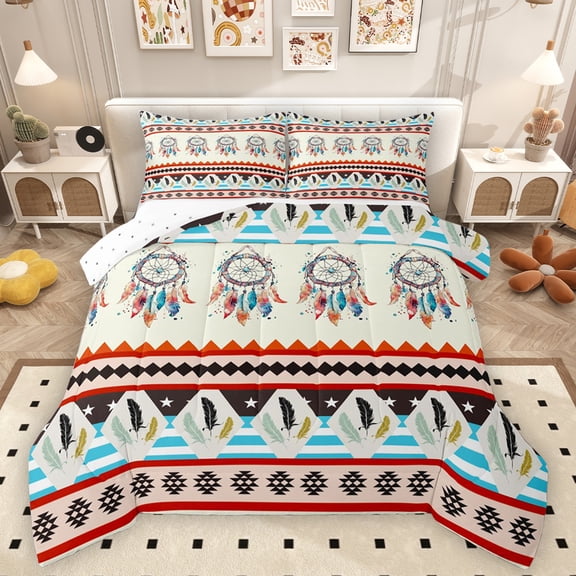 Homewish Bohemian Style Dreamcatcher Bedding Comforter Set,Retro Boho Tribal Twin Comforter Sets,Triangle Striped Geometric Bedding Set For Men Women,Microfiber Bedroom Decor Reversible,2pcs
