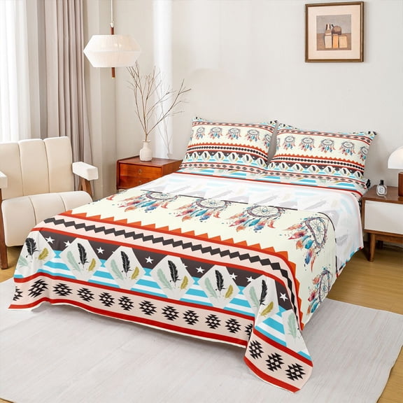 Homewish Bohemian Style Dreamcatcher Twin Sheet Sets,Retro Boho Tribal Twin Fitted Sheet,Triangle Striped Geometric Flat Sheet For Men Women,Microfiber Bedroom Decor,3pcs
