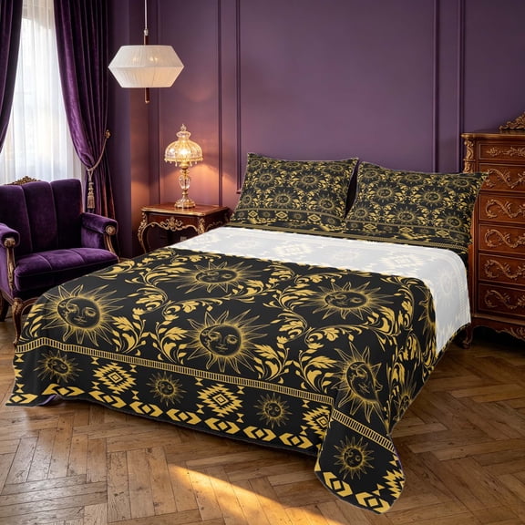 Homewish Bohemian Sun Moon Bed Sheets, Baroque Damask Full Size Sheets, Black Gold Aztec Decor, 4 Pieces, 1 Flat Sheet, 1 Fitted Sheet and 2 Pillowcases
