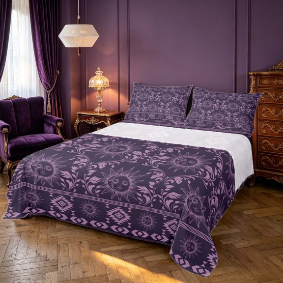 Homewish Bohemian Sun Moon Bed Sheets, Baroque Damask Full Size Sheets, Black Purple Aztec Decor, 4 Pieces, 1 Flat Sheet, 1 Fitted Sheet and 2 Pillowcases