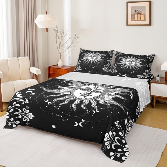 Homewish Bohemian Sun Moon Bed Sheets, Mystic Black White Astrology Galaxy King Sheets, Damask Floral Sheet Set, Breathable Home Decor, 4 Pieces