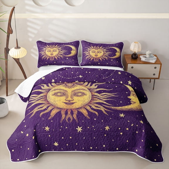 Homewish Bohemian Sun Moon Bed Spread Queen,Purple Starry Sky Queen Coverlet Set,3-Piece