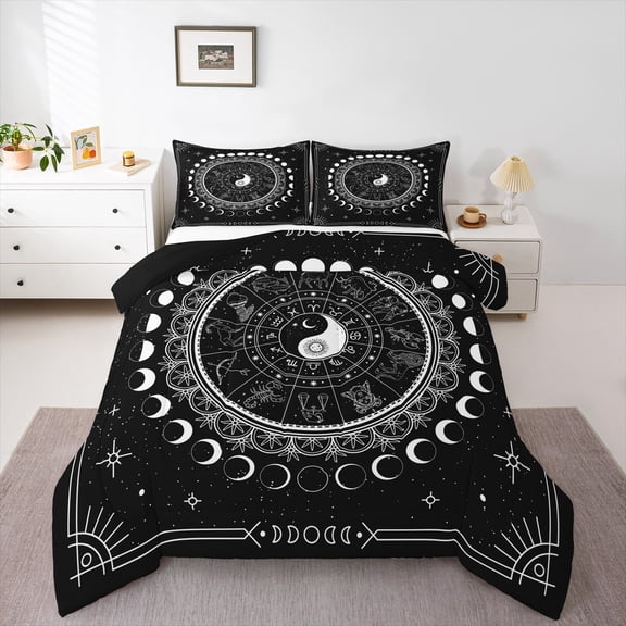 Homewish Bohemian Sun Moon Bedding Comforter Set, Mystic Astrology Galaxy Twin Comforter Sets, Black White Reversible Bedding Set, Microfiber Bedroom Decor, 2 Pieces