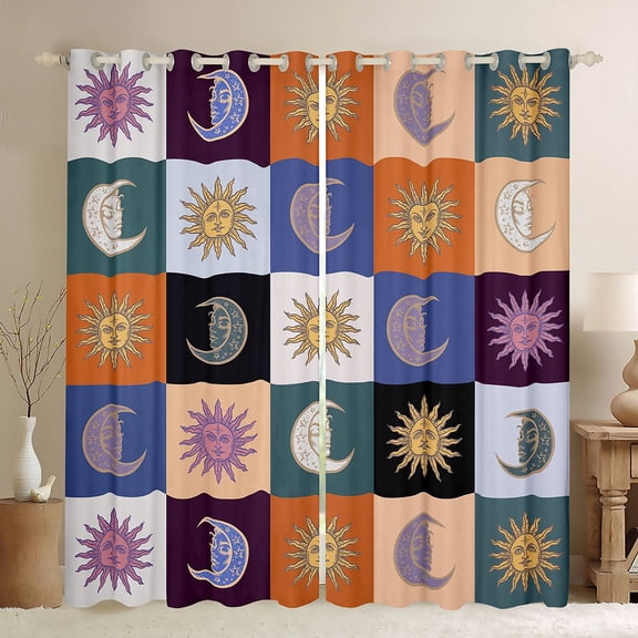 Homewish Bohemian Sun Moon Black Out Curtains, Vintage Tribal Buffalo Plaid Curtains Pack of 2 (42x63 Each), Hippie Southwestern Bedroom Curtains, Window Curtains Decor