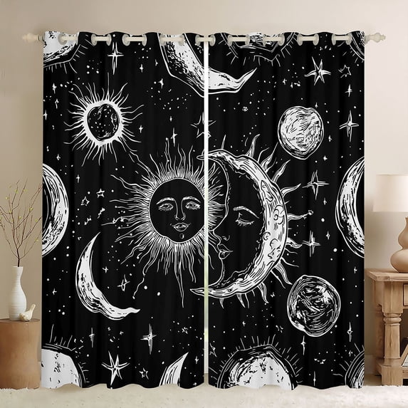Homewish Bohemian Sun Moon Blackout Curtains Set of 2 (52x84 Each) for Teens, Black White Starry Sky Window Curtains, Mystic Stars Planet Curtains and Drapes, Living Room Curtains Decor