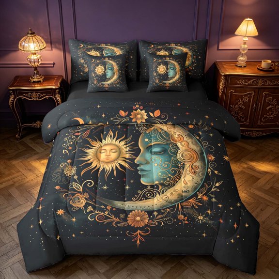 Homewish Bohemian Sun Moon Print Twin Bedding, Magical Goddess Bedding Comforter Set, Black Reversible 7pcs