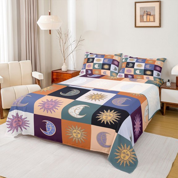 Homewish Bohemian Sun Moon Queen Sheet Sets, Vintage Tribal Buffalo Plaid Flat Sheet, Hippie Southwestern Queen Fitted Sheet, Ultra Soft Bedroom Decor, 4pcs