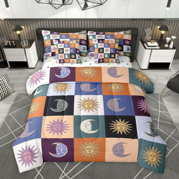Homewish Bohemian Sun Moon Twin Bedding Sets 7-Piece, Vintage Tribal Buffalo Plaid Bedding Comforter Set, Hippie Southwestern Reversible Sheet Sets, Ultra Soft Bedroom Decor