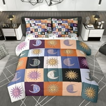 Homewish Bohemian Sun Moon Twin Bedding Sets 7-Piece, Vintage Tribal Buffalo Plaid Bedding Comforter Set, Hippie Southwestern Reversible Sheet Sets, Ultra Soft Bedroom Decor