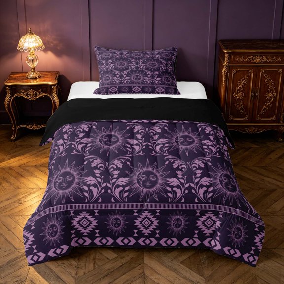 Homewish Bohemian Sun Moon Twin Comforter Sets, Baroque Damask Bedding Set, Black Purple Aztec Decor, Black Reversible 2 Piece, 1 Comforter and 1 Pillowcase
