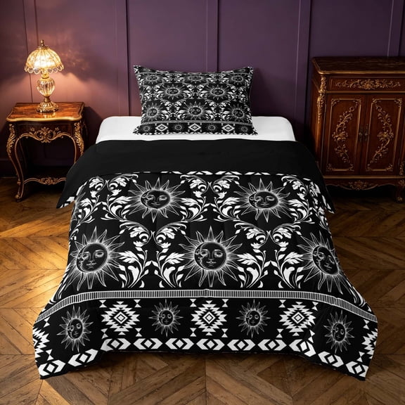 Homewish Bohemian Sun Moon Twin Comforter Sets, Baroque Damask Bedding Set, Black White Aztec Decor, Black Reversible 2 Piece, 1 Comforter and 1 Pillowcase