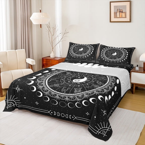 Homewish Bohemian Sun Moon Twin Sheet Sets, Mystic Astrology Galaxy Twin Fitted Sheet, Black White Flat Sheet, Microfiber Bedroom Decor, 3 Pieces