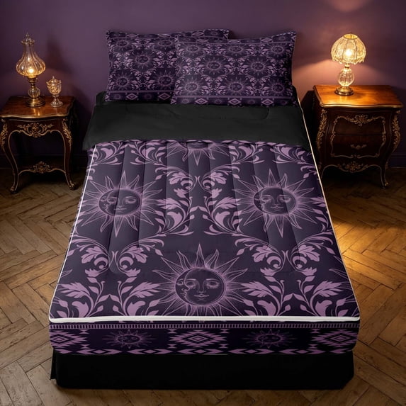 Homewish Bohemian Sun Moon Zipper Full Size Comforter Sets with Fitted Sheet and 2 Pillowcases, Baroque Damask Zipper Bedding Set, Black Purple Aztec Decor, Black Reversible