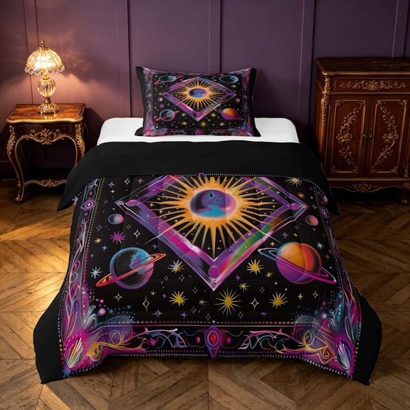 Homewish Bohemian Sun Stars Twin Comforter Sets, Planets Celestial Bedding Set, Black Reversible 2pcs, 1 Comforter and 1 Pillowcase