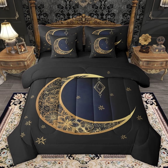 Homewish Bohemian Theme Bedding Comforter Set 7pcs for Children Teens Adults,Moon Stars Queen Bedding Sets Super Cozy,Exotic Style Queen Sheet Sets,Super Cozy Room Decor,Reversible