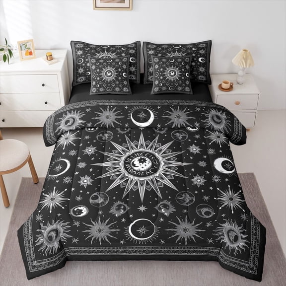 Homewish Bohemian Theme Bedding Comforter Set 7pcs for Children Teens Adults,Moon Sun Stars Queen Bedding Sets Super Cozy,Exotic Style Queen Sheet Sets,Super Cozy Room Decor,Reversible