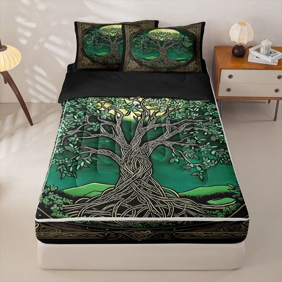 Homewish Bohemian Tree Of Life Zipper Twin Comforter Sets with Fitted Sheet and 2 Pillowcases,Black Gold Green Zipper Bedding Set,Black Reversible,4 Pieces