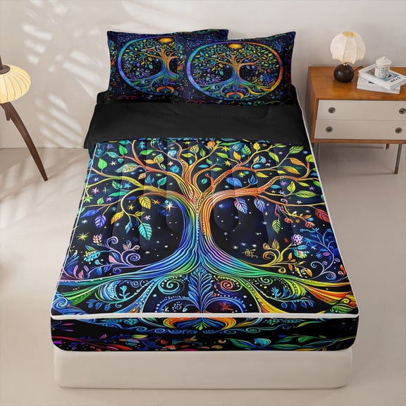 Homewish Bohemian Tree Of Life Zipper Twin Comforter Sets with Fitted Sheet and 2 Pillowcases,Gothic Bohemian Zipper Bedding Set,Black Reversible,4-Piece
