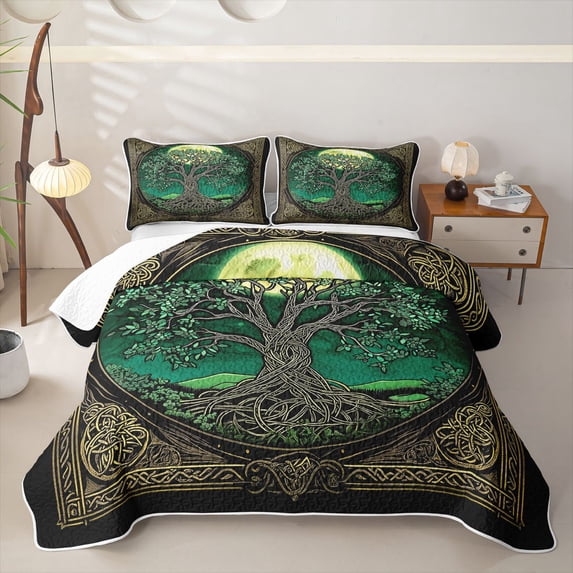 Homewish Bohemian Tree Of Life Twin Quilt Set,Black Gold Green Twin Coverlet Set,2-Piece