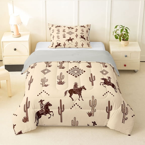 Homewish Bohemian Western Cowboy Twin Comforter Sets,Desert Plant Cactus Bedding Set,Light Gray Reversible,2 Pieces,1 Comforter and 1 Pillowcase