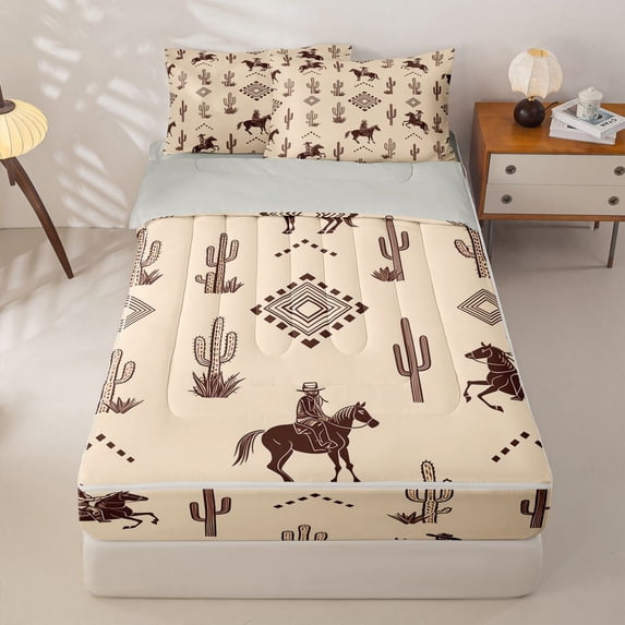 Homewish Bohemian Western Cowboy Zipper Twin Comforter Sets with Fitted Sheet and 2 Pillowcases,Desert Plant Cactus Zipper Bedding Set,Light Gray Reversible,4pcs