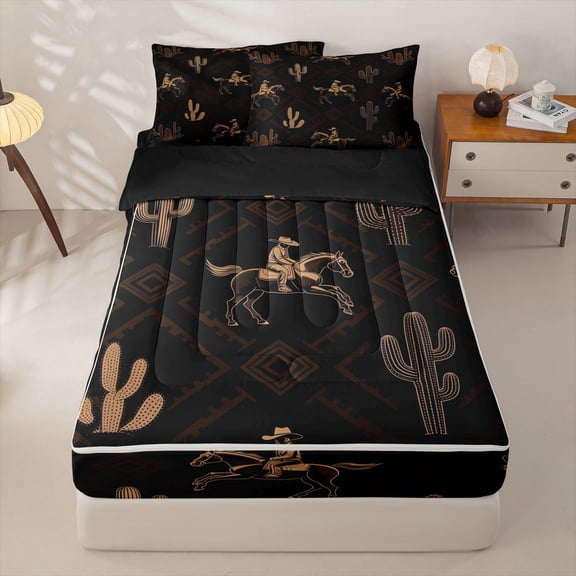 Homewish Bohemian Western Cowboy Zipper Twin Comforter Sets with Fitted Sheet and 2 Pillowcases,Southwest Desert Cactus Zipper Bedding Set,Black Reversible,4pcs