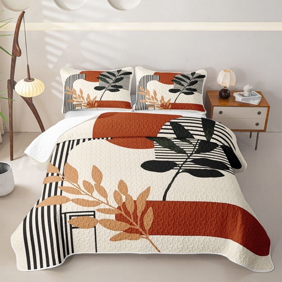 Homewish Boho Aesthetic Stripes Quilt Full,Minimalism Aesthetic Art Full Bedspread Sets,Orange Cream,3 Pieces