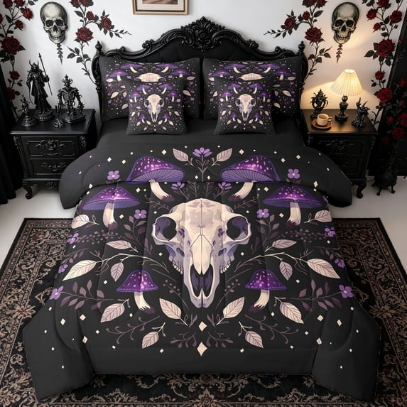 Homewish Boho Animal Skull Full Size Bedding Sets for Kids, Purple Spotted Mushroom Wildflower Full Size Bed in a Bag, Black Reversible, 7-Piece